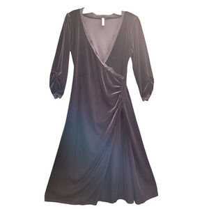 Vintage Velour‎ Lace Trim Ruched Sleeves Faux Wrap Midi Dress